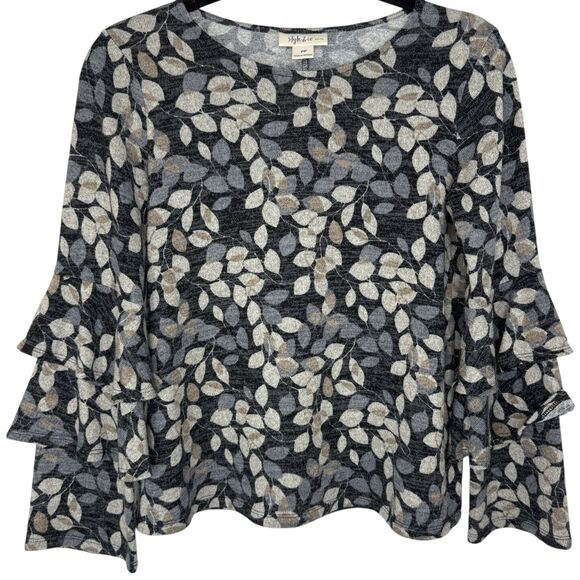 Style & Co. Gray & tan leaf print long tiered sleeve top Size Small Petite - Picture 1 of 10